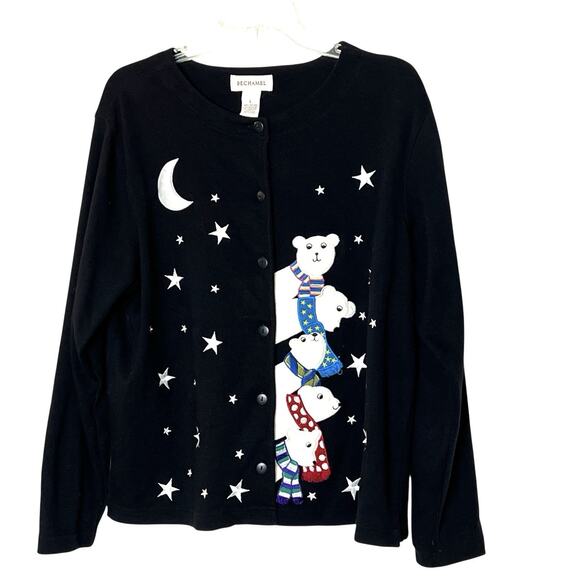 Vintage Bechamel Polar Bear Sweater Womens Large Black Button Cardigan Holidays - Picture 3 of 9